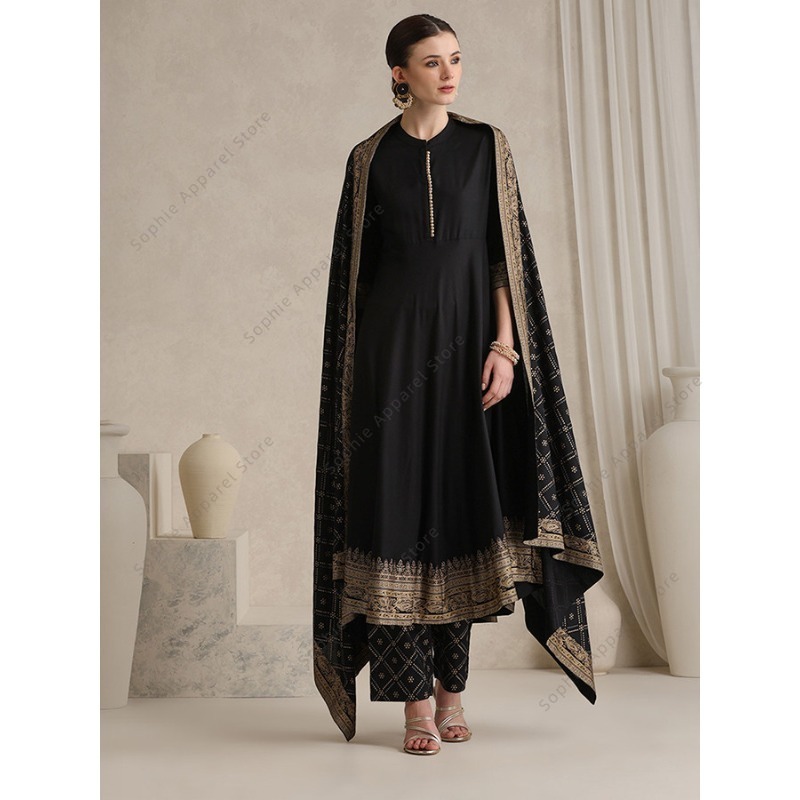 Salwar Kameez Set - Элегантный черный индийский комплект Salwar Kameez